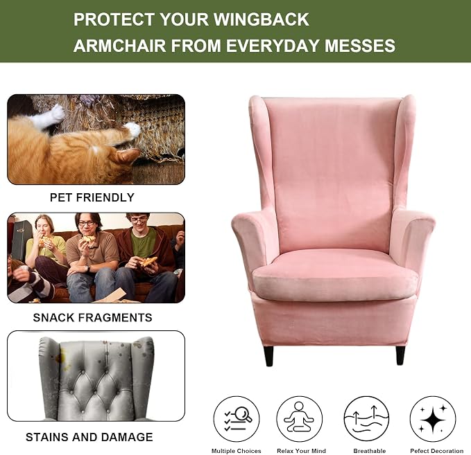 HAOYONG Velvet Wingback Armchair Covers 2-Piece Elastic Stretch Wingback Chair - Image 5