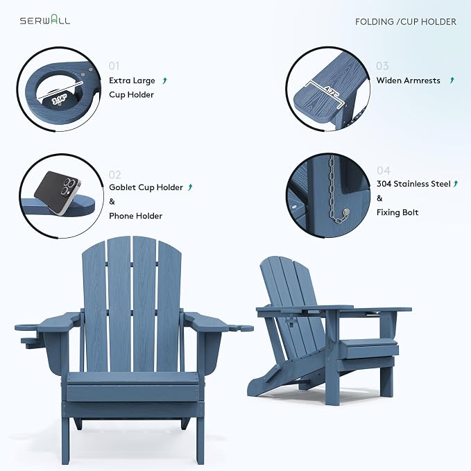 SERWALL Folding Adirondack Chair, HDPE Adirondack Chairs Set of 6, Plastic - Image 4