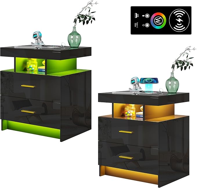 WOOVIVS Night Stand Set 2 with USB/Type-C/Wireless Charging Station, Blakc by WOOVIVS