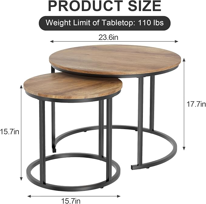 Garden 4 you Nesting Coffee Table, 23.6" Round Coffee Table Set of 2, Wooden - Image 2