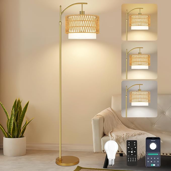 Gold Floor Lamps for Living Room Rattan Boho Floor Lamp by ZECOXOL