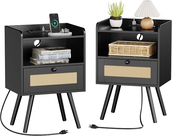 SUPERJARE Nightstands with Charging Station, Bedside Table Set of 2 with PE by SUPERJARE