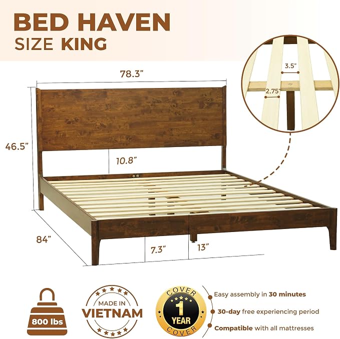 Acacia Haven King Size Bed Frame and Headboard, King Size Platform Bed Frame - Image 2