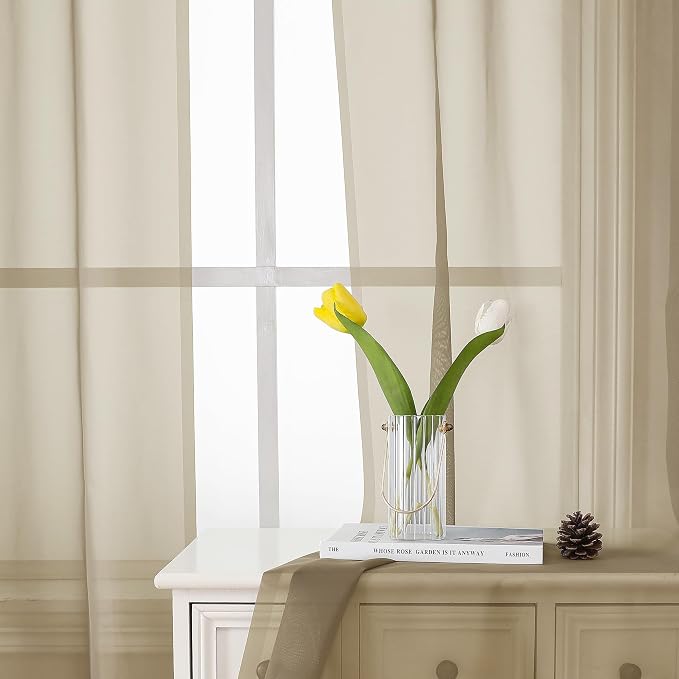 Lecloud Taupe Sheer Curtains 54 Inch Length 2 Panels Set, Balance Light & - Image 3