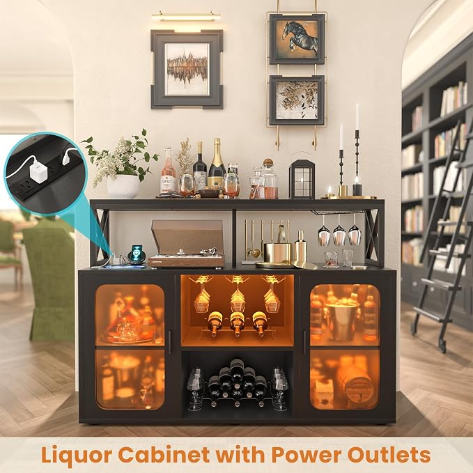 Aheaplus Bar Cabinet with Power Outlets, Liquor Cabinet with Led Lights and - Image 3