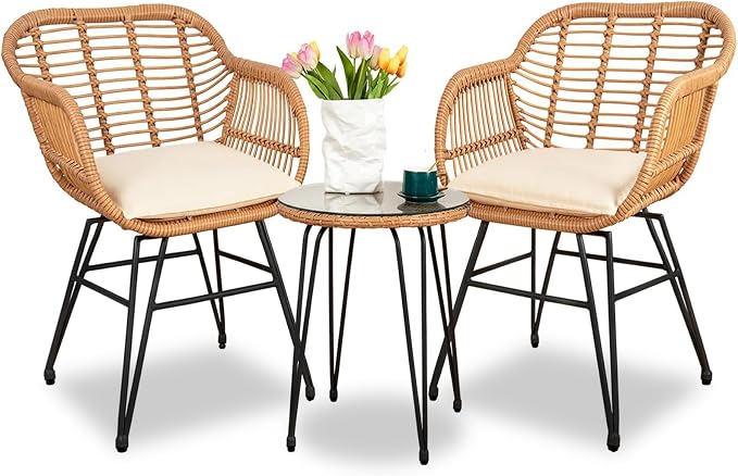 3 Piece Outdoor Wicker Furniture Bistro Set, Rattan Chairs Conversation Sets - Image 2