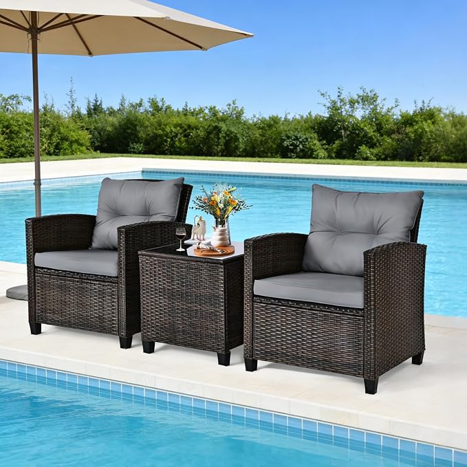 COSTWAY 3PCS Patio Furniture Set, PE Rattan Wicker Sofa w/Washable Cushion and - Image 3