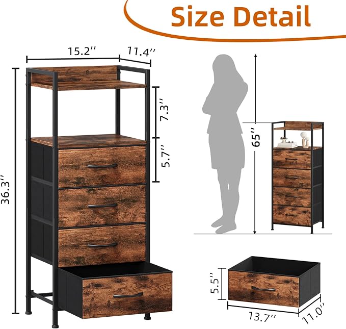 Somdot Nightstand with 4 Drawers, Vertical Storage Tower Fabric Dresser - Image 3