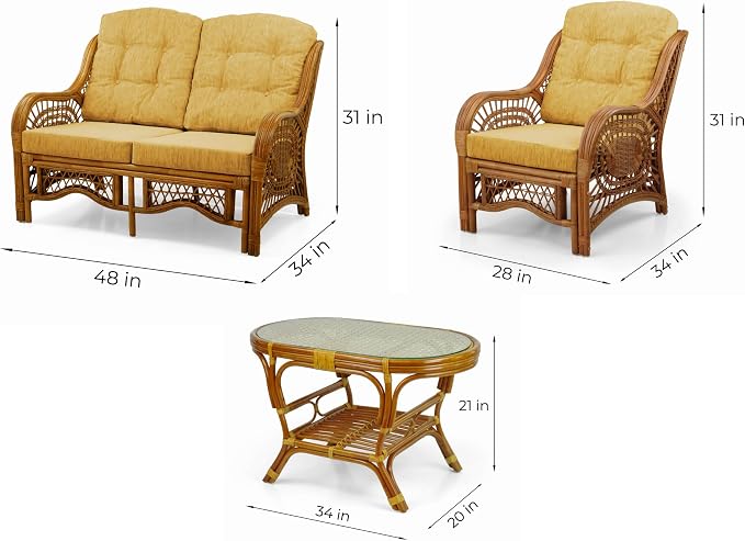 Malibu Lounge Set of 4: 2 Natural Rattan Wicker Chairs, Three-Seater Sofa - Image 3