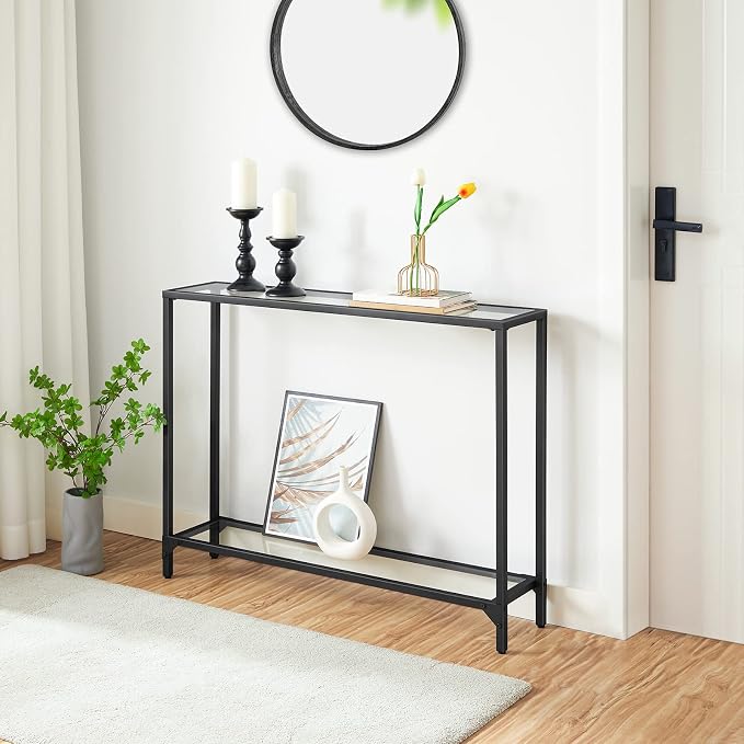 HOOBRO 39.4" Narrow Console Table, Tempered Glass Sofa Table, Behind Couch - Image 2