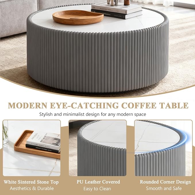 29.52" Round Marble Coffee Table, Modern Fluted Coffee Table w/White Sintered - Image 4