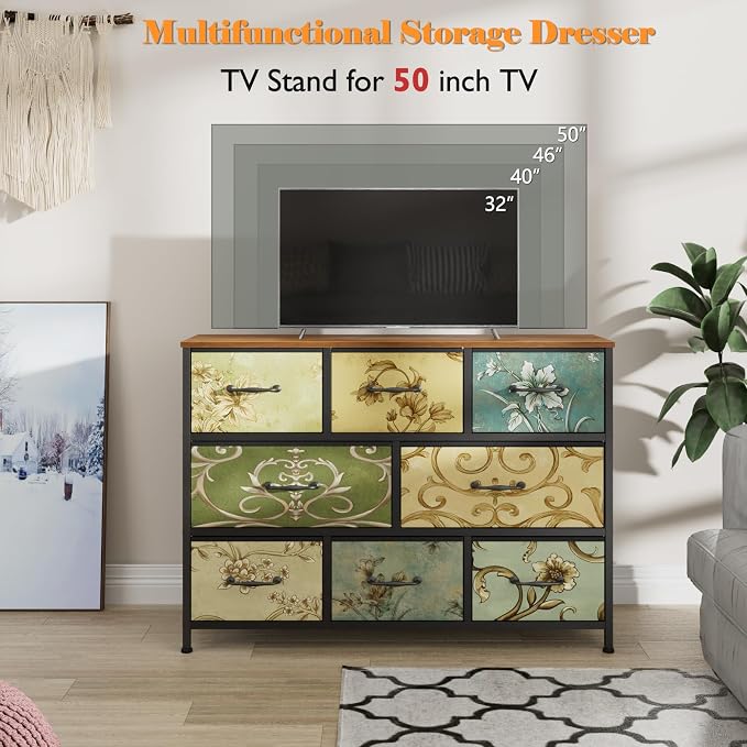 Furnulem 8 Drawer Dresser, Wide Fabric Chest of Drawers, Vintage Furniture - Image 5