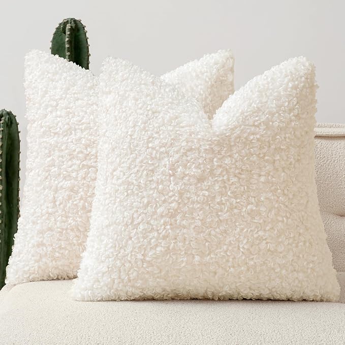 Faux Fur Throw Pillow Covers 20x20 Inch Set of 2 Boucle Neutral Decorative by Woaboy