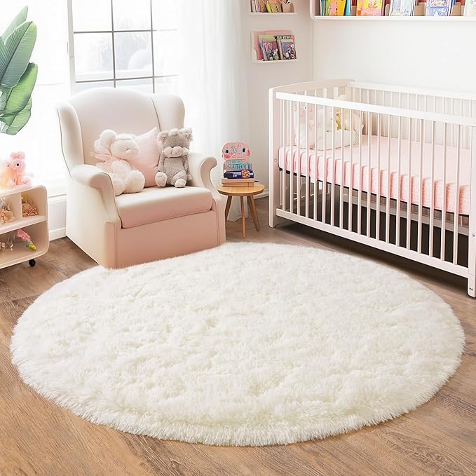5'x5' Cream Round Rugs for Girls Bedroom, Ultra Soft Fluffy Circle Rug for Kids - Image 9
