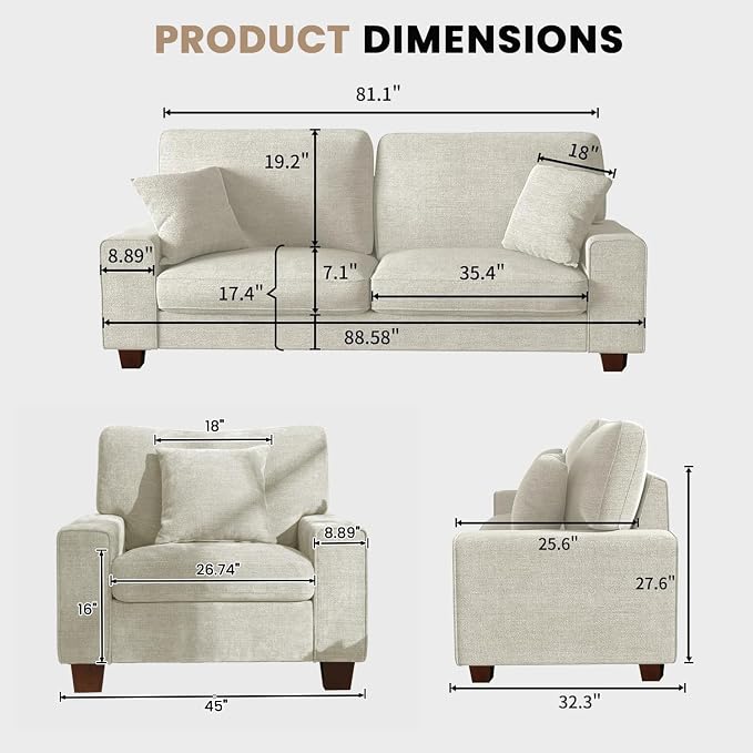 DOPEDIO Modern Living Room Sofa Set, 88.58" Chenille Loveseat - Image 2