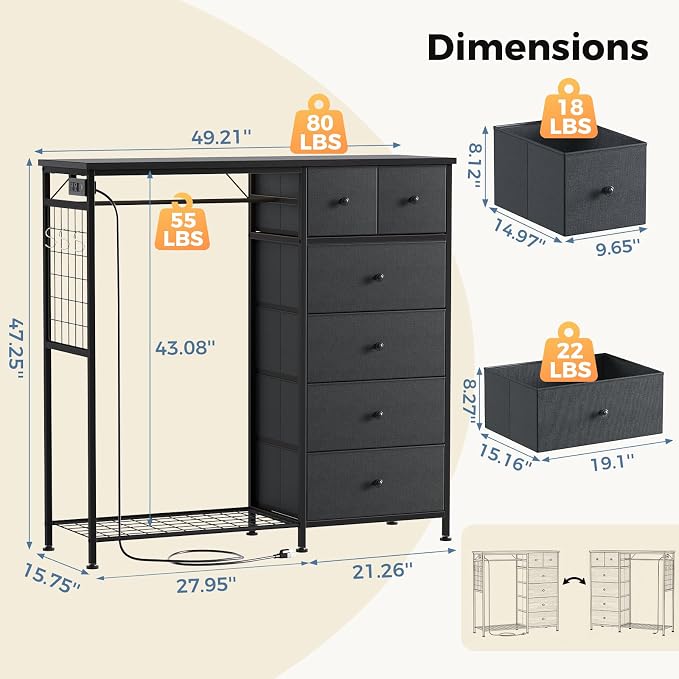 DUMOS Dresser for Bedroom with Hanging Rack, 6 Drawer Fabric Dresser with - Image 3