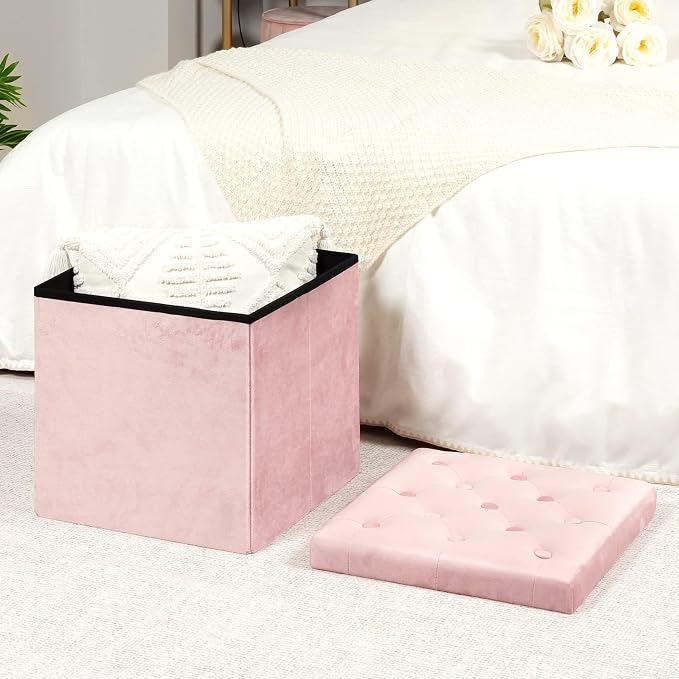 B FSOBEIIALEO Storage Ottoman Cube, Velvet Tufted Folding Ottomans - Image 2