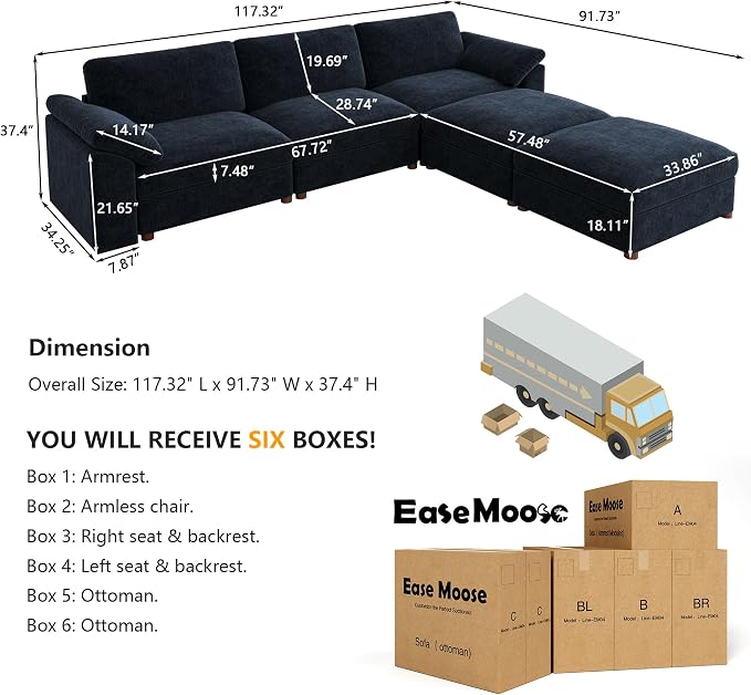 EASE MOOSE Blue Modular Sectional Couch, Oversized Deep Seat L Shape Sectional - Image 2