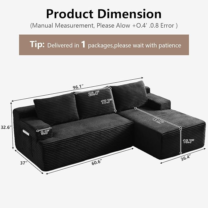 96" Cloud Sectional Couch with L-Shape Chaise, Modular Comfy Sofa Chaise Longue - Image 2