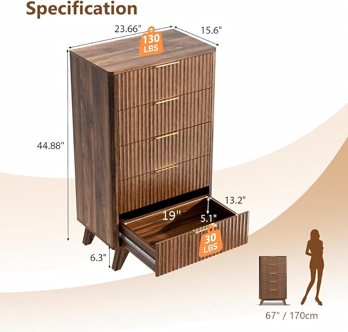 VINGLI Fluted Tall Dresser 5 Drawer, 23.66" W Chest of Drawers, Walnut Wood - Image 2