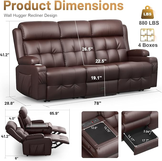 3-Seater Loveseat Recliner Sofa, RV Wall Hugger Home Theater Seating Reclining - Image 2