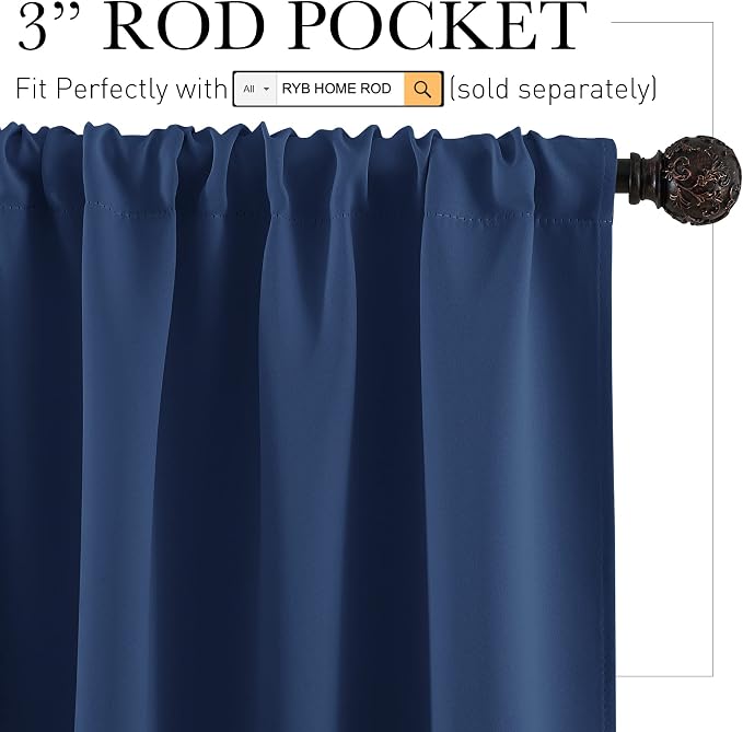 RYB HOME Short Navy Blue Blackout Curtains - Image 2