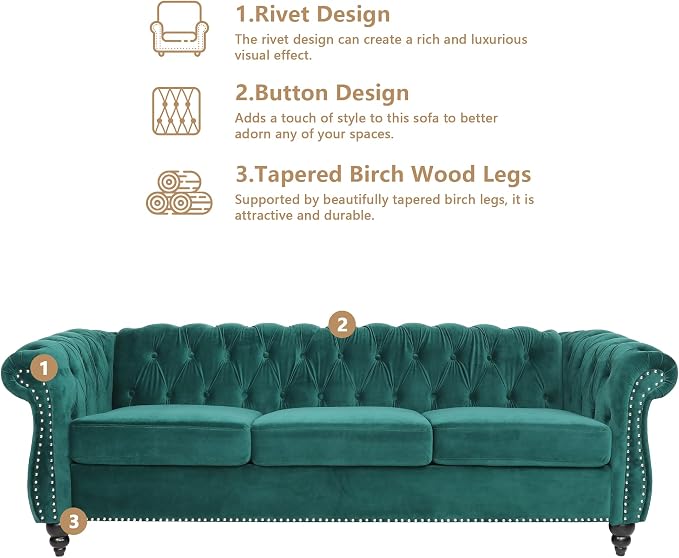 Chesterfield 3 Seater Sofa, Modern Velvet Tufted Couch 3 Seater - Image 7