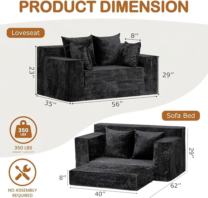 Loveseat Sofa Bed, Convertible Silky Velvet 5-in-1 Foldable Boneless Sleeper - Image 2