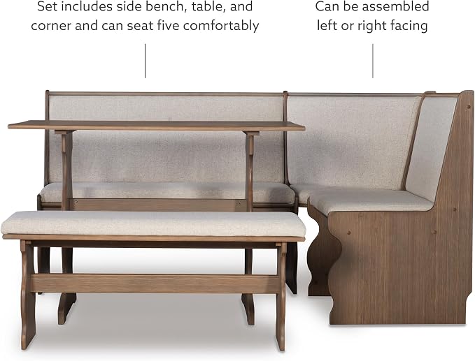 Linon Lucy Natural Wood and Linen Upholstered Corner Nook Kitchen Dining Set - Image 20