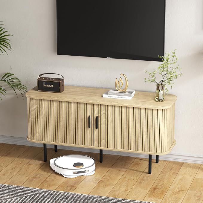 55''W Natural Storage Cabinet, Media Console, Tambour TV Stand, Television - Image 9