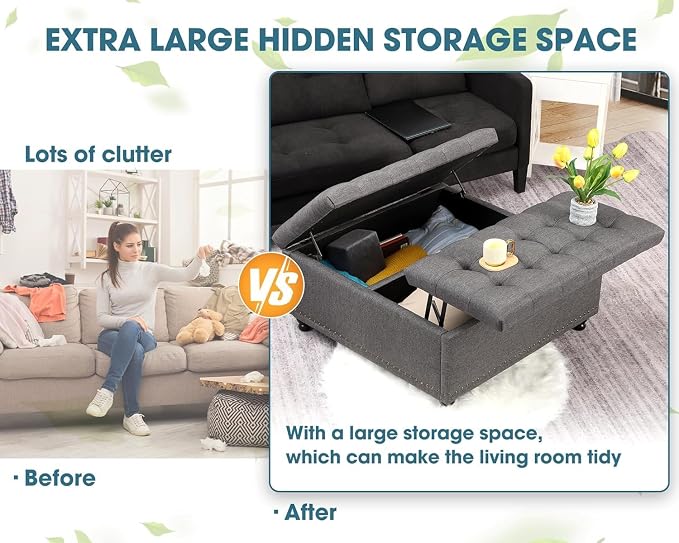 36" Large Square Ottoman with Storage, Tufted Upholstered Storage Ottoman with - Image 3