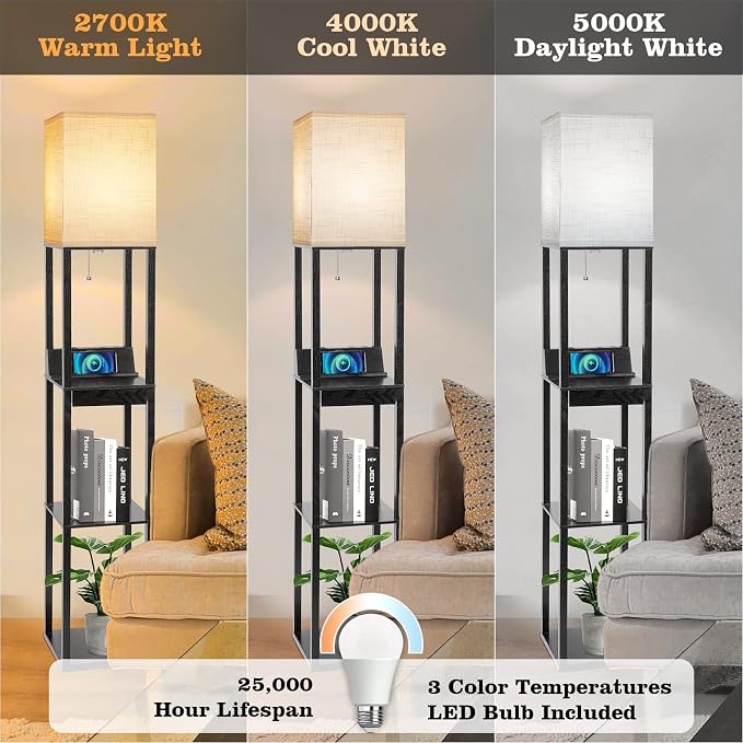 Floor Lamp with Shelves, RUNTOP LED Shelf Floor Lamp with Wireless Charger & 2 - Image 3