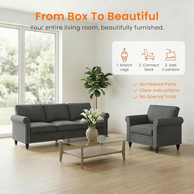 2 Piece Living Room Sofa Sets, Modern 3 Seater Sofa and Armchair Sets, Linen - Image 6