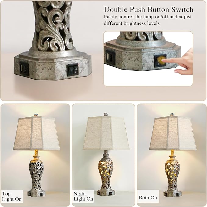 Vintage Table Lamps Set of 2 for Living Room Bedroom, 2 USB Ports 25'' Rustic - Image 2