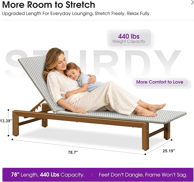PURPLE LEAF Patio Chaise Lounge French Outdoor Lounger 1 Piece Matte Teak Grain - Image 2