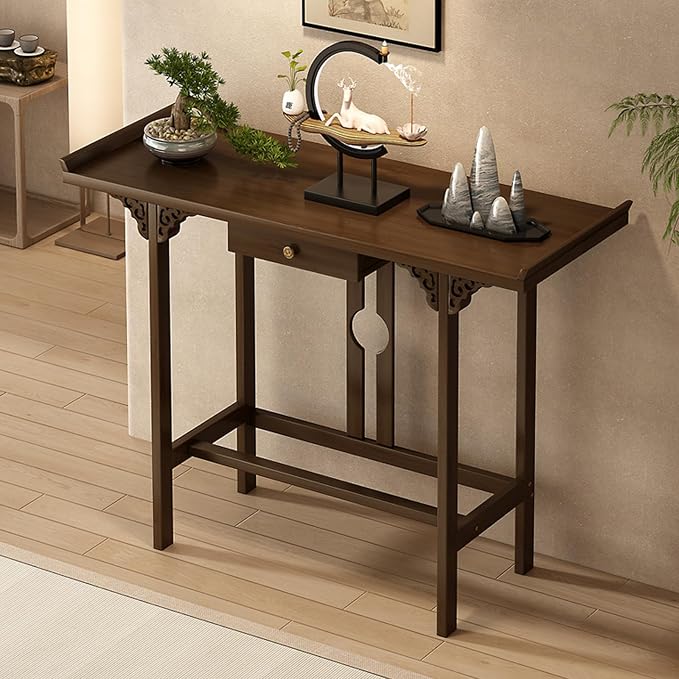 Bamboo Console Table with Drawer, Small Sofa Tables with Open Shelf, Chinese by RUYICZB