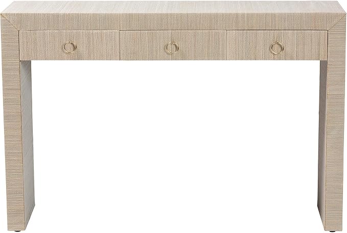 bali & pari Cielo Bohemian Woven Natural Grasscloth 3-Drawer Console Table - Image 5
