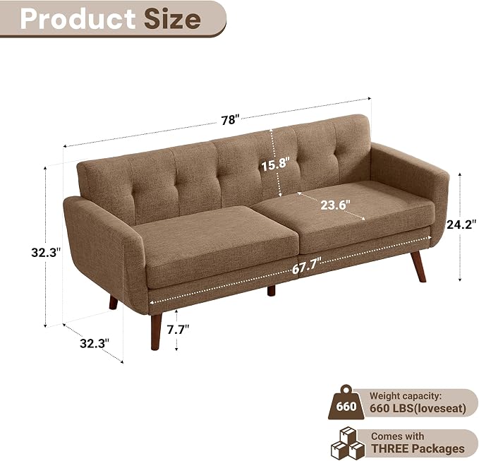 Tbfit 77.2" W Linen Sofa Couch, Mid Century Modern Decor Loveseat Couches - Image 2