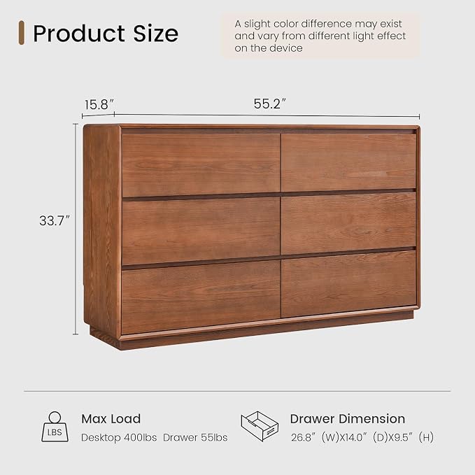 Solid Wood Dresser for Bedroom, Natural Solid Wood 6 Drawer Dresser, 55.2" Wide - Image 2