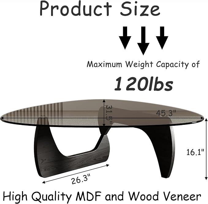 Honyee Morden Coffee Table, 42.5" x 28.5" x 16.1" Triangle Tempered Glass Top - Image 2