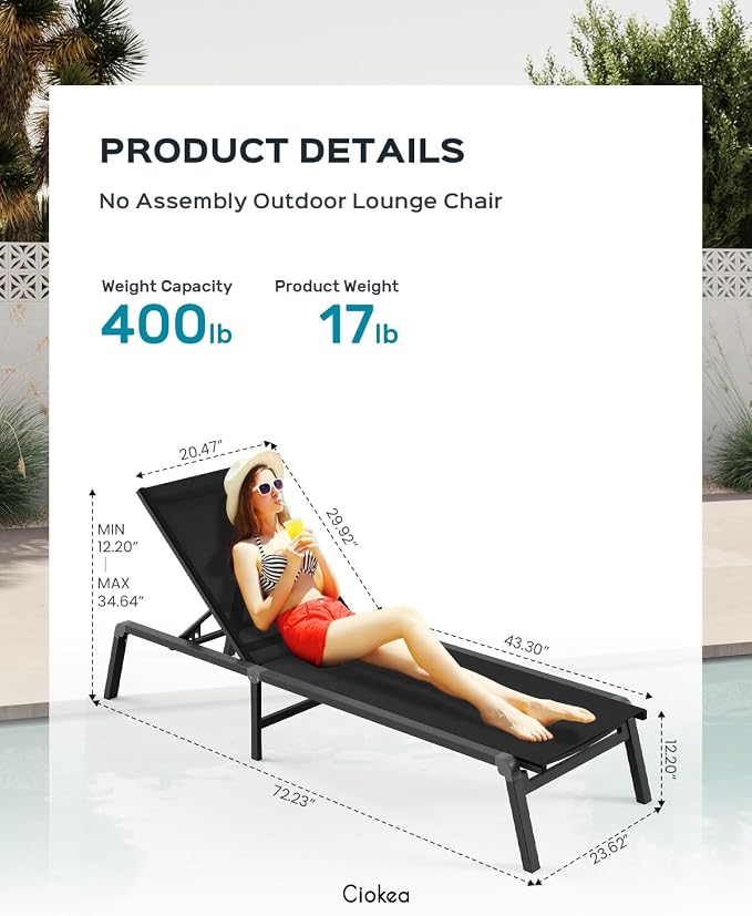 Ciokea Aluminum Chaise Lounge Ourdoor, Foldable & Assemble Free Outdoor Lounge - Image 2