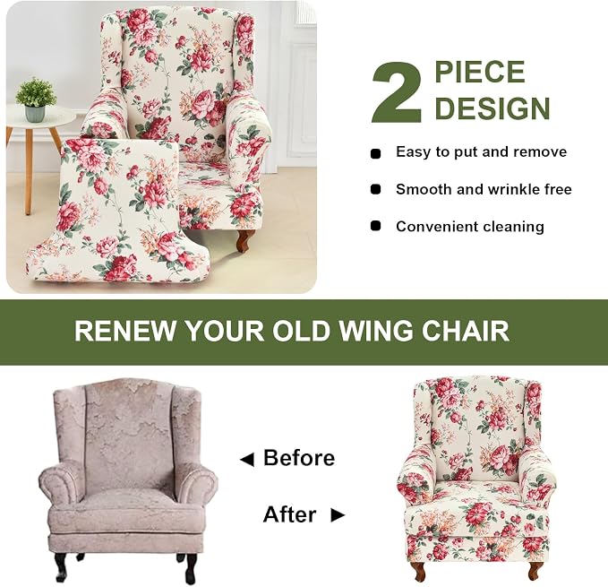 HAOYONG Wing Chair Slipcovers Stretch Wingback Chair Covers Printed 2 Pieces - Image 7