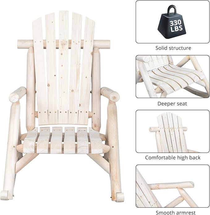 Outvita Wooden Rocking Chair, Fir Log Adirondack Rocker, Outdoor Wood Accent - Image 5