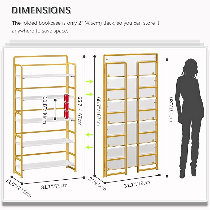 4NM No Assembly Extra Wide 5 Tiers Folding Bookshelf Storage Shelves Vintage - Image 2