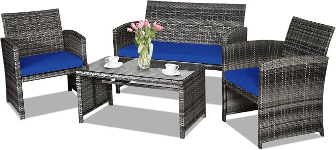 Goplus 4-Piece Rattan Patio Furniture Set, Outdoor Wicker Conversation Sofa by Goplus