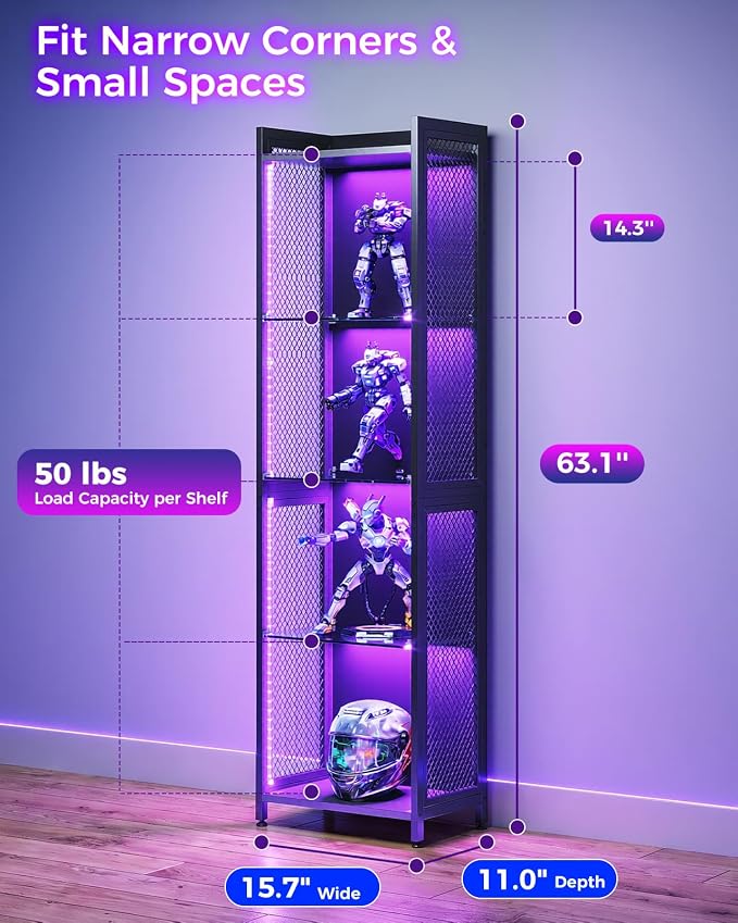 AODK Display Case with LED Lights, Display Cabinet with Open Glass Shelves - Image 2