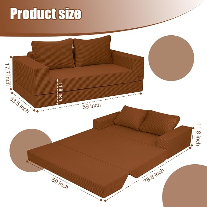 COMAX Convertible Sofa Bed Queen, Corduroy Folding Floor Couch Pull Out Couch - Image 2