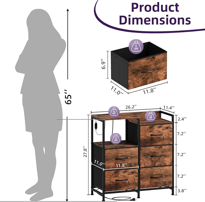 Somdot Nightstand with Charging Station and LED Light, Wide 5 Drawers Dresser - Image 3