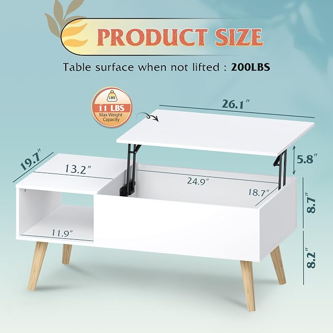 WLIVE Coffee Table for Living Room, Lift Top Coffee Table - Image 3