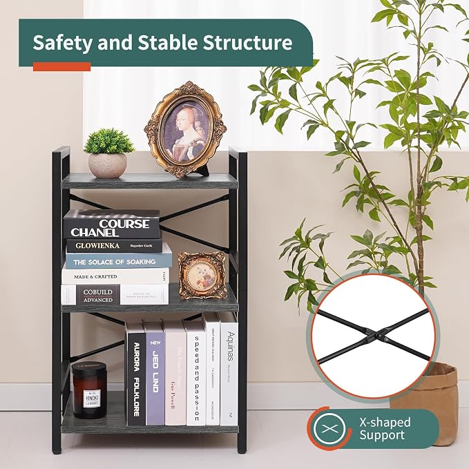 Yoobure Bookshelf Small Book Shelf, Solid Industrial 3 Tier Shelf Bookcase - Image 4